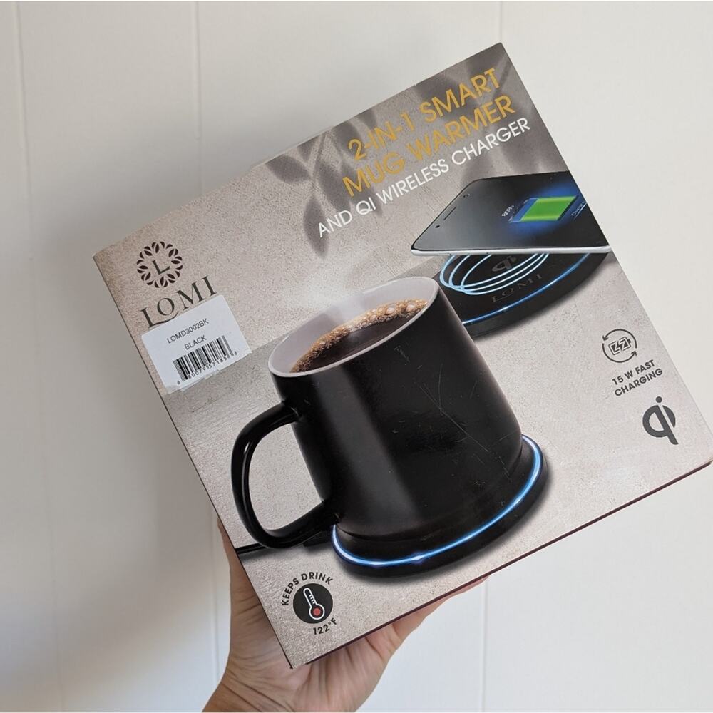 NIB LOMI 2-in-1 Smart Mug Warmer & QI Wireless Charging Pad Black